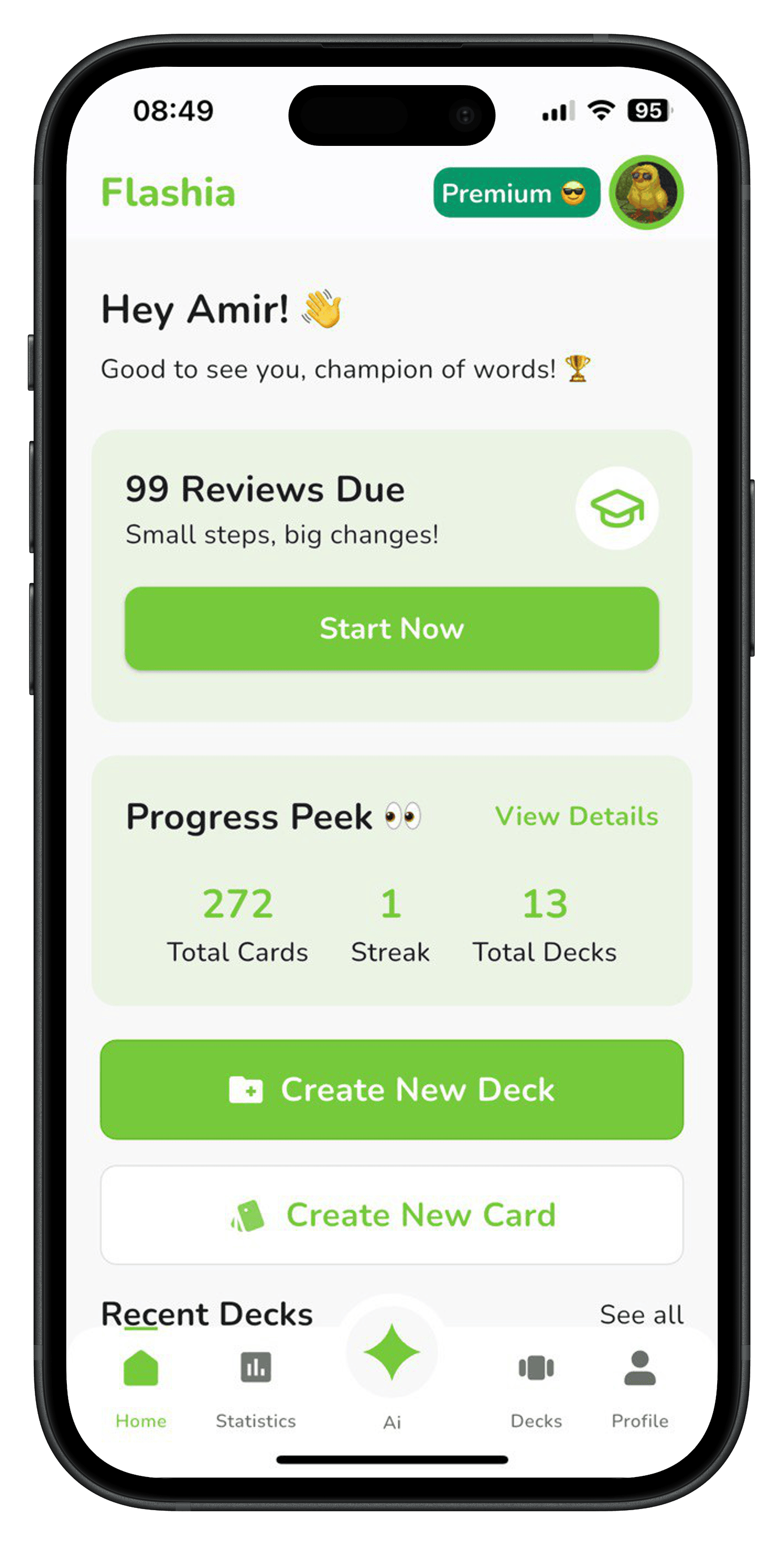 Flashia flashcard learning screen
